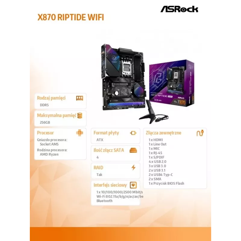 Mātesplate ASRock X870 Riptide WiFi — ATX, AMD X870, Socket AM5, DDR5, 4 DIMM, 256 GB, Wi‑Fi 7, 2.5GbE