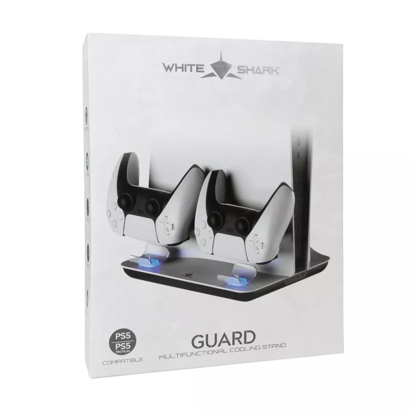 Dzesēšanas paliktnis balta Shark Guard-2 priekš PS5 ar integrētu uzlādes dokstaciju (modelis PS5-05102V2)