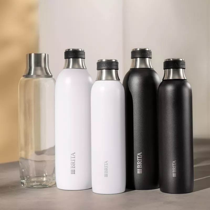Karbonizēšanas pudele BRITA 118426 – 1 L stikla pudele ar nerūsējošā tērauda vāciņu, 287 mm augstums, 2 gab. iepakojumā