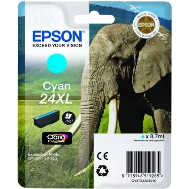 Epson Elephant Singlepack ciāna 24XL Claria Photo HD tintes kārtridžs, ciāna, 1 gab.