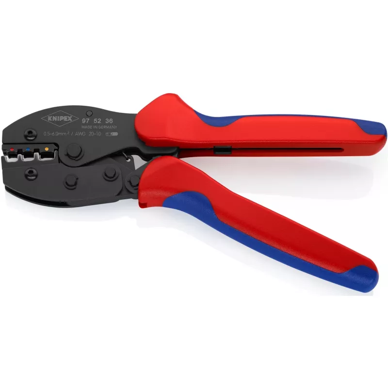Krimperis Knipex PreciForce modelis 975236 SB — izolēti rokturi melnā, zilā un sarkanā krāsā