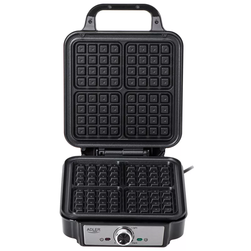 Vafeļu panna Adler AD 3083 — 4 kvadrātveida vafeles 10×10 cm, 1200 W, regulējama temperatūra, nepiedegoša, vēsi rokturi