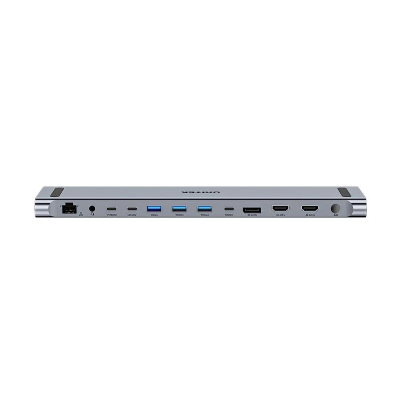 KVM slēdzis Unitek D1106AGY01 USB-C trīskāršs 4K dokstacija ar KVM, 3x USB-A, 5x USB-C, HDMI×2, DP×1, RJ-45, SD lasītājs, 3840×2160@60Hz, alumīnijs