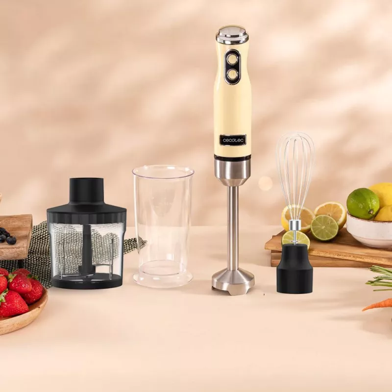Rokas blenderis CECOTEC Power Mixer Retrodzeltena 1200MAX Cream&Crush, 1200 W, vairāki ātrumi, mīklas āķi un putotāji