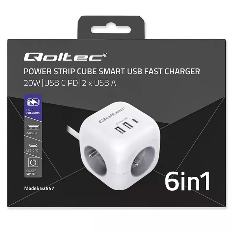 Power Cube QOLTEC 52547 strāvas sadalītājs 3× maiņstrāvas kontaktligzdas, 2× USB-A, 1× USB-C PD 20W
