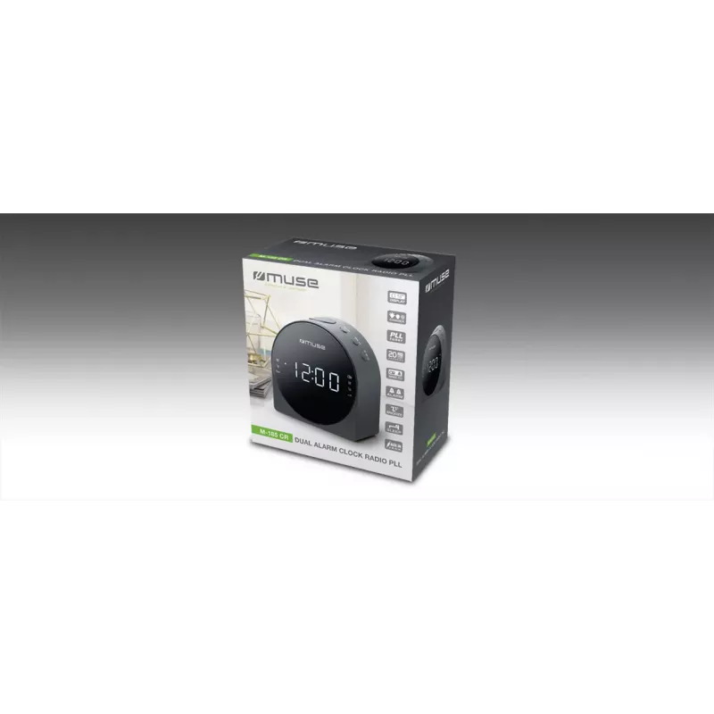 Modinātājradio Muse M-185 CR — FM/MW, 0,9 collu LED displejs, AC 230V ar AAA bateriju rezerves barošanu, melns