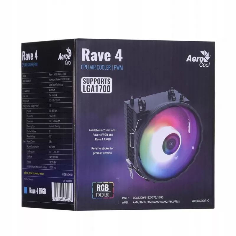 CPU Cooler AEROCOOL PGS Rave 4 FRGB 120mm ventilators, 4 siltuma caurules, ARGB, 120×25 mm, 1800 RPM, 12 V, 0,5 A