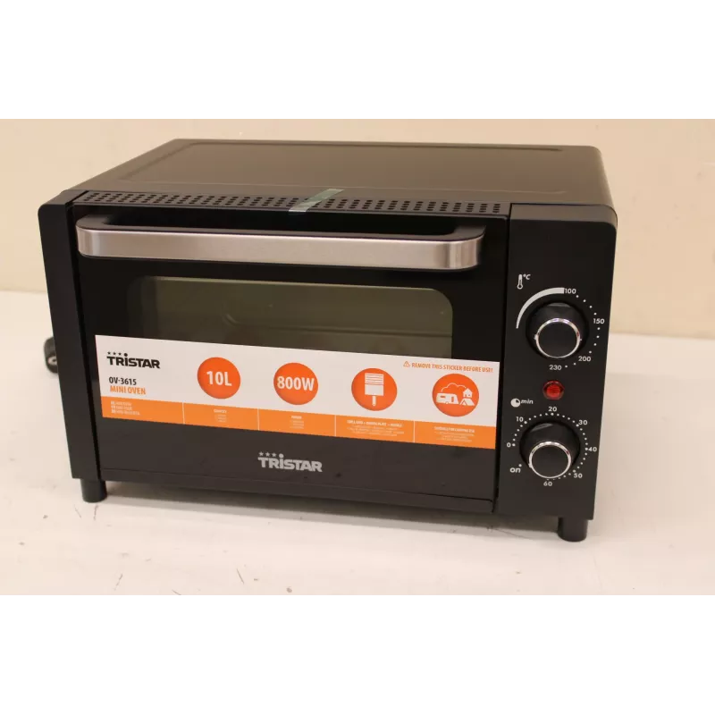 IZPĀRDOŠANA. Tristar OV-3615 Mini Cepeškrāsns, Melna | Tristar | Mini Cepeškrāsns | OV-3615 | 10 L | 800 W | Melna | BOJĀTS IEPAKOJUMS, NEVIENMĒRĪGA ATSTARPE STARP STIKLU UN DURVJU APMALI