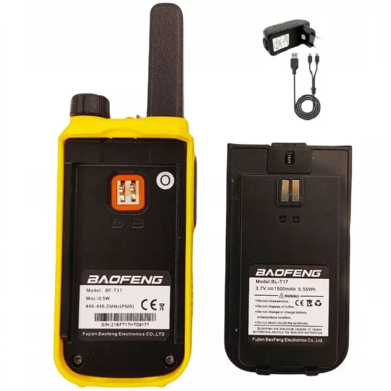 Rokas radio Baofeng BF-T17 — bērnu rācija, 16 kanāli, 5 W, 400–470 MHz, 1500 mAh baterija, dzeltena