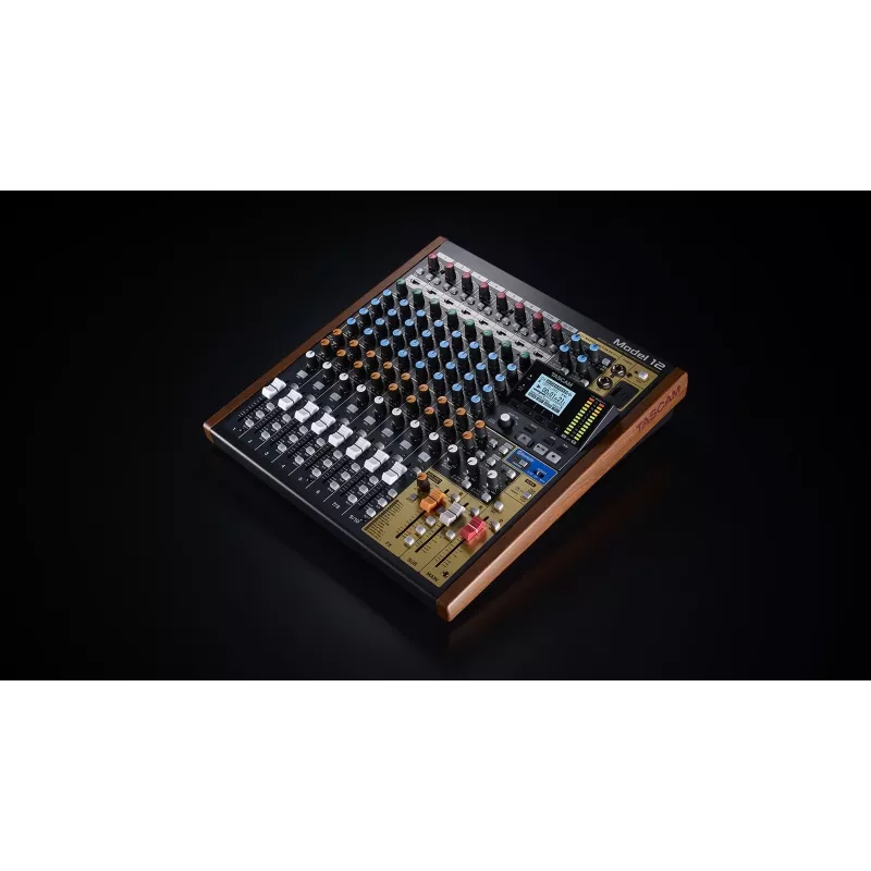 Mikseris Tascam Model 12 — 12 kanālu analogais/ciparu mikseris, 24 bitu, 48 kHz, USB‑C, SD karte, Bluetooth 5.0