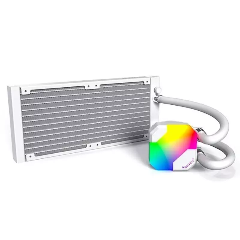 AIO ūdens dzesētājs Montech Hyper Flow ARGB 240 mm balts — 240 mm radiators, ARGB apgaismojums, balta apdare