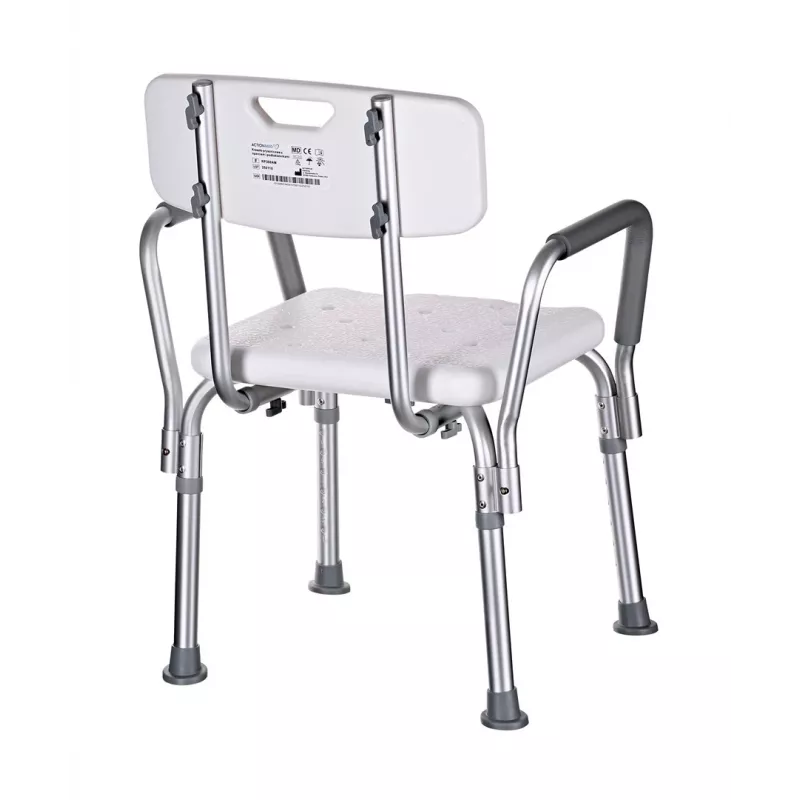 Dušas krēsls ActionMed KP300AM ar atzveltni un roku balstiem, polipropilēns, regulējams augstums 43–56 cm, sēdeklis 40×33 cm, maksimālais lietotāja svars 110 kg