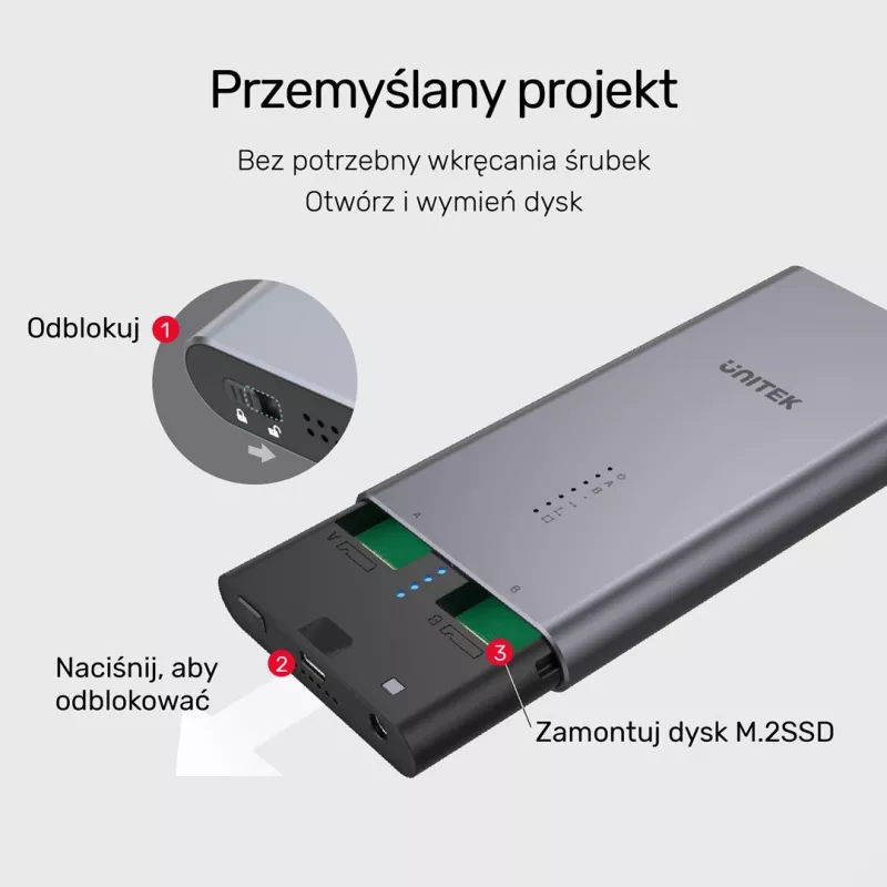 SSD korpuss Unitek S1206A diviem M.2 NVMe PCIe Gen3 x4 diskdziņiem, USB 3.2 Gen 2 (10 Gbit/s), alumīnija, USB-C, komplektā barošanas avots