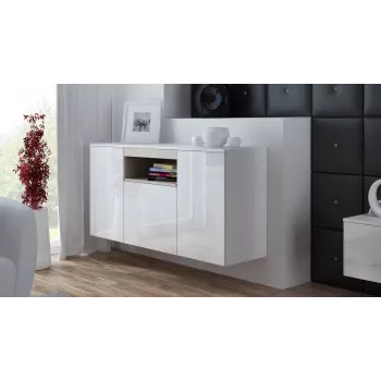 Sānu skapis Cama Meble VIVA 150 — balts/balts spīdīgs un sonoma ozols, 3 durvis, 5 plaukti, 1500×450×800 mm