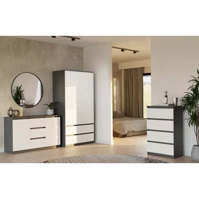 Kumode 2 durvis 3 atvilktnes top e shop M-MP-K-MAL-2D3S-ANTBIA — Antracīta rāmis, Baltas durvis, 1200×750×400 mm