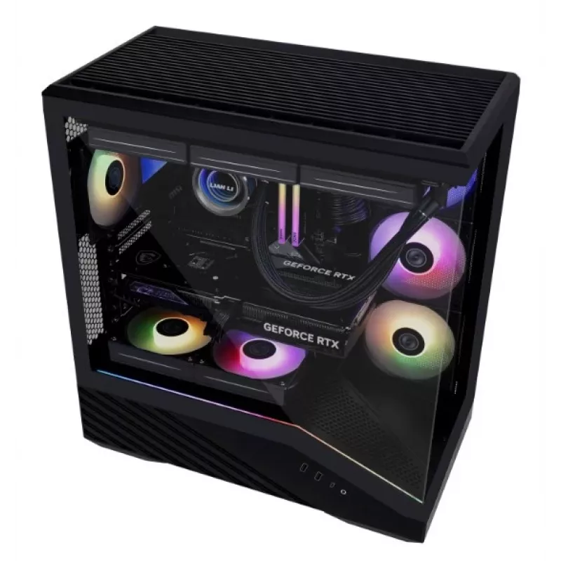 PC Case Lian Li Vector V100 Midi Tower — Melns ar caurspīdīgu paneli, atbalsta 3×120mm sānu + 1×120mm aizmugurējo ventilatoru, 3,5 collu HDD, 2,5 collu SSD, 235,5×446×484,6 mm