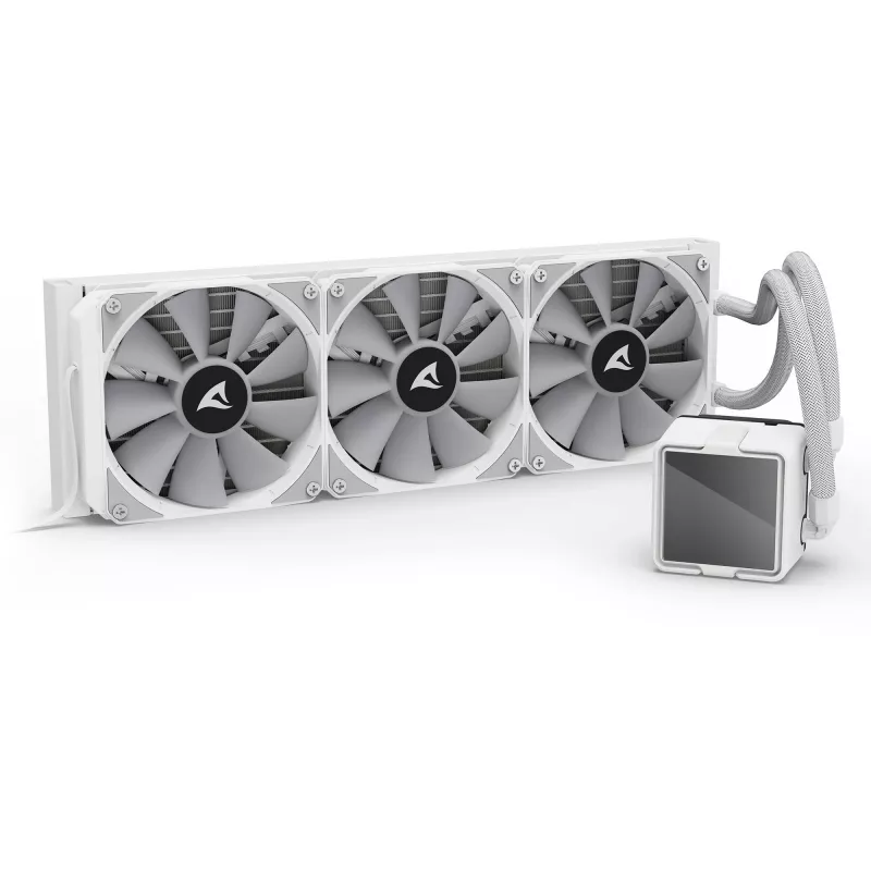 Viss-vienā centrālā procesora šķidruma dzesētājs Sharkoon S100 ARGB balts — 360 mm radiators, Infinity-Mirror efekts