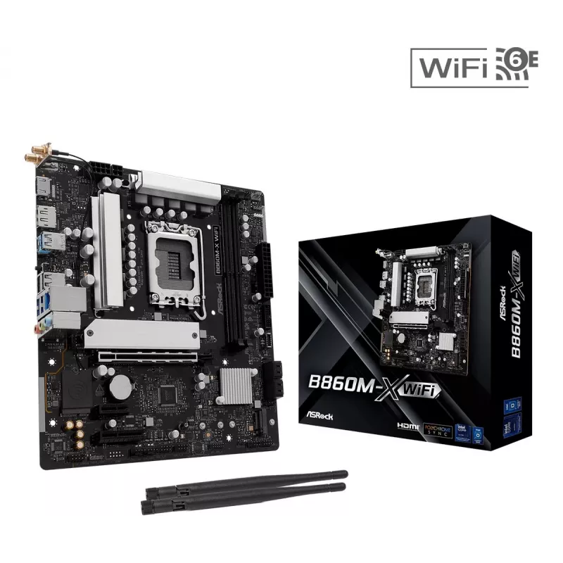 Mātesplate ASRock B860M-X WiFi — Intel B860, LGA 1851, micro ATX, DDR5, 2x DIMM, 4x M.2, 2.5Gb LAN, Wi‑Fi 6E, Bluetooth 5.3