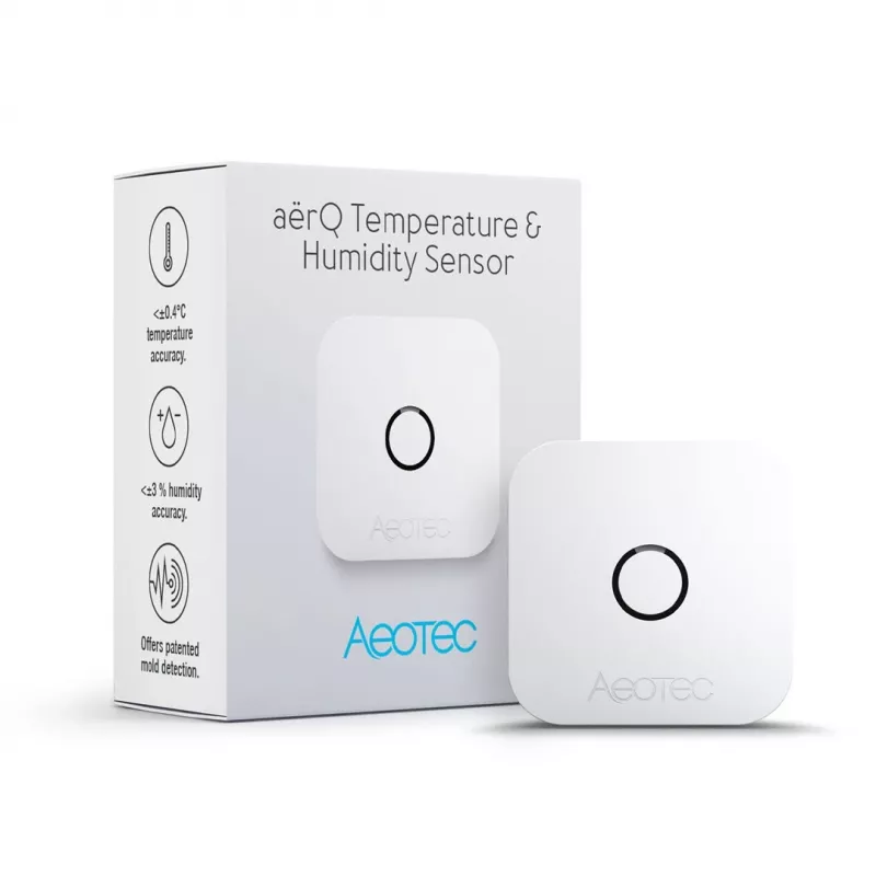 Iekštelpu temperatūras un mitruma sensors AEOTEC AEOEZWA039 — brīvi stāvošs, darbināms ar baterijām, 34×34×17 mm
