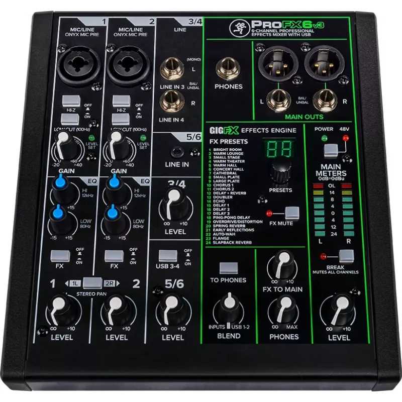 Mixer Mackie ProFX6v3 kompakts 6 kanālu analogais mikseris ar USB saskarni
