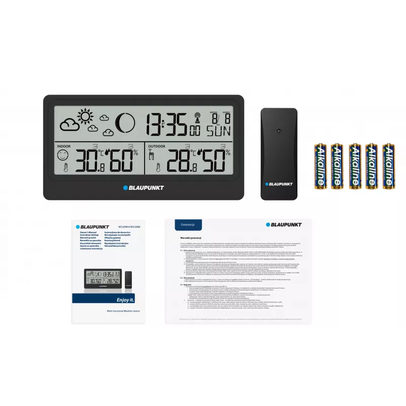 Laika stacija BLAUPUNKT WS20BK — iekštelpu/āra temperatūras un mitruma displejs, melna, 1 sensors, LCD, darbināma ar baterijām