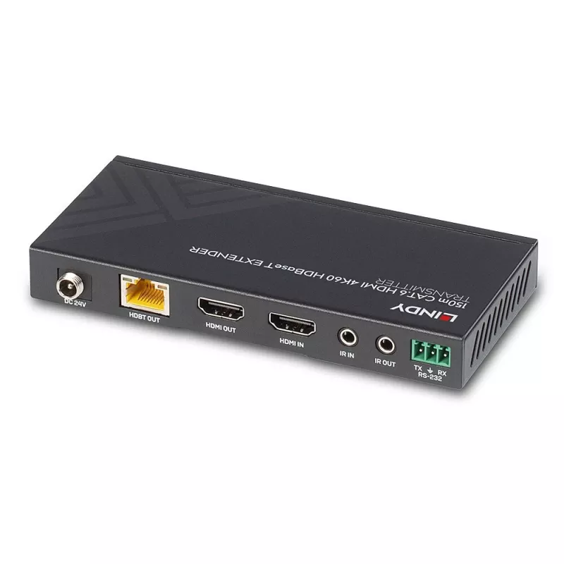 Lindy 150m Cat.6 HDMI 4K60, IR un RS-232 HDBaseT pagarinātājs, 3840 x 2160 pikseļi, AV raidītājs un uztvērējs, 150 m, vadu, melns, HDCP