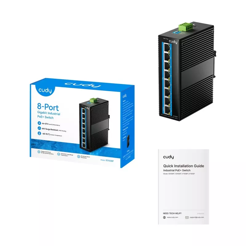 Nepārvaldāms Gigabit Ethernet PoE slēdzis Cudy IG1008P — 8× Gigabit (10/100/1000), PoE, 48–57V, 20 Gbit/s, 8000 MAC, piestiprināms pie sienas, melns