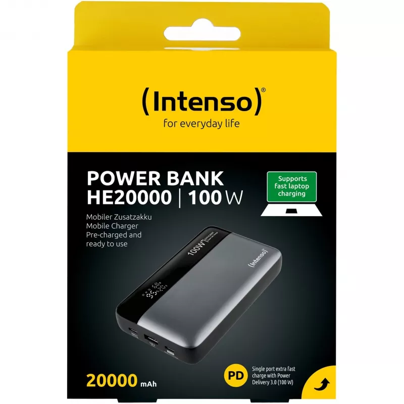 Ārējais akumulators INTENSO 7350050 — 20000 mAh, 1× USB-A + 2× USB-C, 100 W kopējā jauda, melns/pelēks
