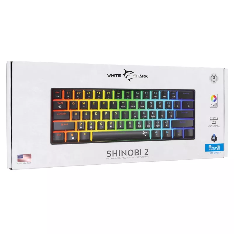 Mehāniskā tastatūra White Shark Shinobi-2 Blue Switch Melns US layout