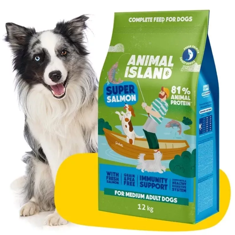 Sausā suņu barība Animal Island Adult Medium Salmon 12 kg — pilnvērtīgs graudiņu barības maisījums vidējo šķirņu suņiem, 32% olbaltumvielu, 16% tauku, bez graudiem