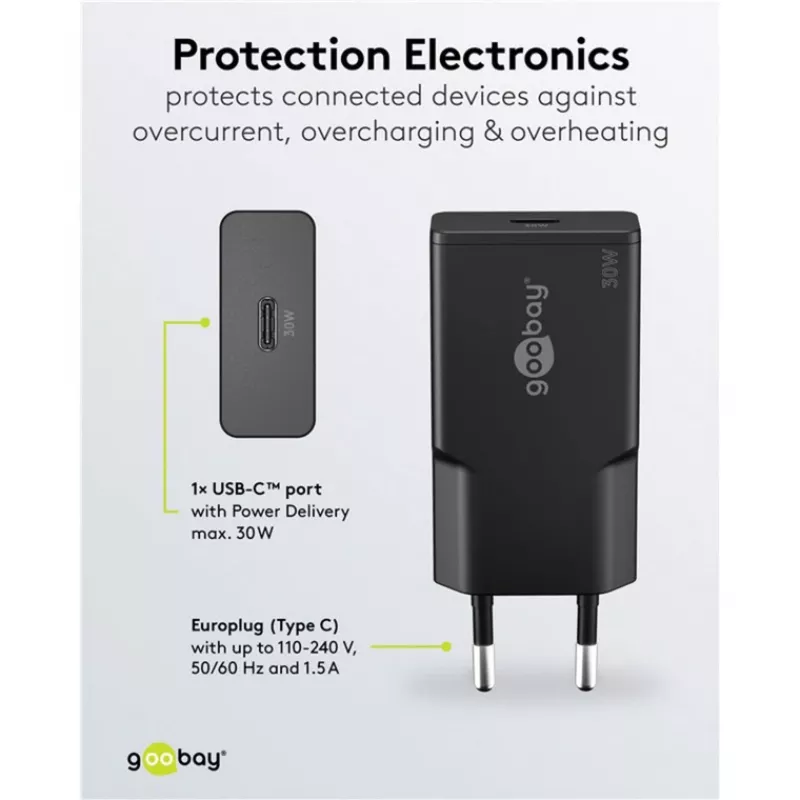 Goobay USB-C™ PD GaN ātrais lādētājs plāns (30 W) melns