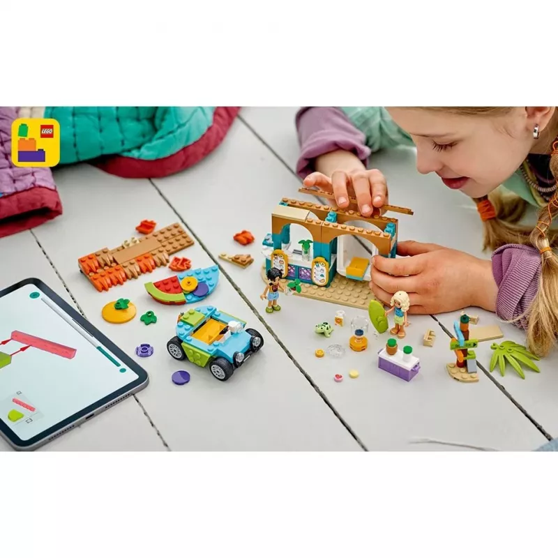 LEGO Friends pludmales smūtiju stends – bērnu rotaļu ēdiena komplekts, dāvanu ideja meitenēm un zēniem vecumā no 6 gadiem ar 2 mini lellēm, bruņurupuča figūriņu un a