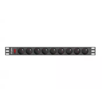 Strāvas sadales iekārta LANBERG PDU-09E-0300-BK — 9x E tipa rozetes, 16 A, 220–250 V, 3 m kabelis, 1U statīvs, 19 collas