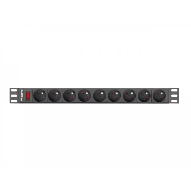 Strāvas sadales iekārta LANBERG PDU-09E-0300-BK — 9x E tipa rozetes, 16 A, 220–250 V, 3 m kabelis, 1U statīvs, 19 collas