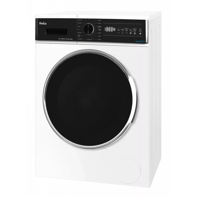 Brīvi stāvoša veļas mazgājamā mašīna AMICA WA3S712BLiSHB, 7 kg, 1200 apgr./min, 2100 W, LED displejs, melnas durvis