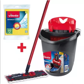 Grīdas mops VILEDA Ultramax BOX 177453 ar atkārtoti uzpildāmu mikrošķiedras galvu, izspiešanas spaini, 3 mazgājamām salvetēm, melns