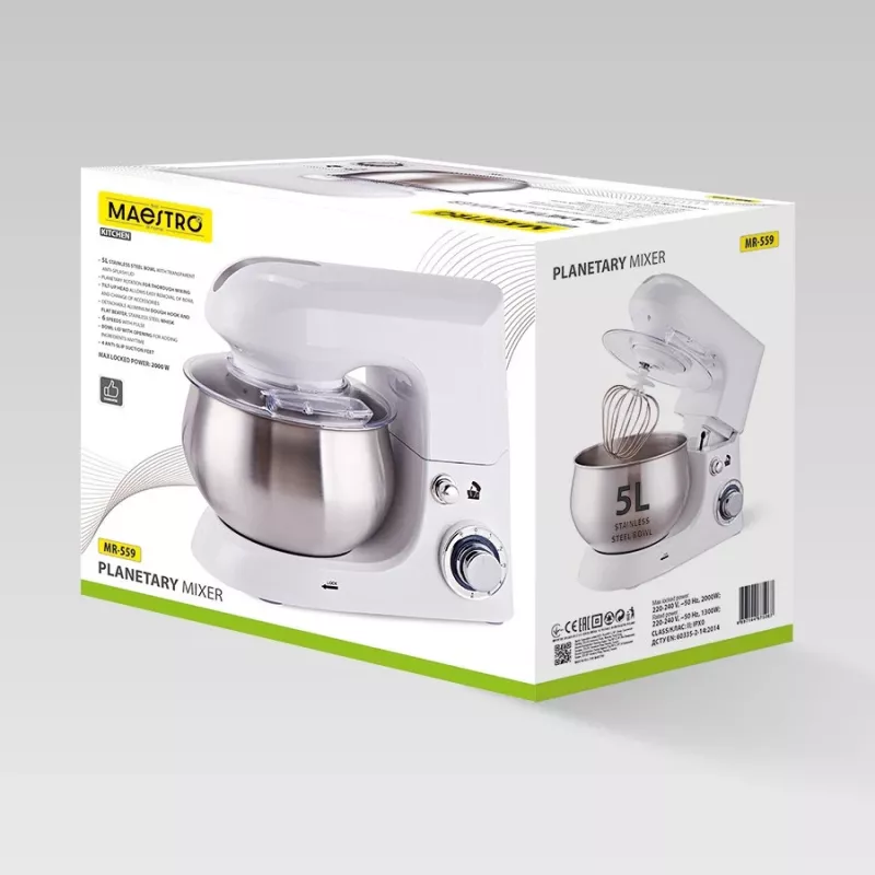 Planetārais mikseris Maestro MR-559 stacionārais mikseris, 5,0 L nerūsējošā tērauda bļoda, 2000 W, 6 ātrumi, rotējoša vadība