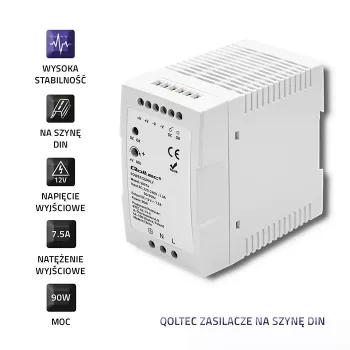Qoltec 50914 DIN sliedes barošanas bloks | 90W | 12V | 7.5A | Balts | Plāns