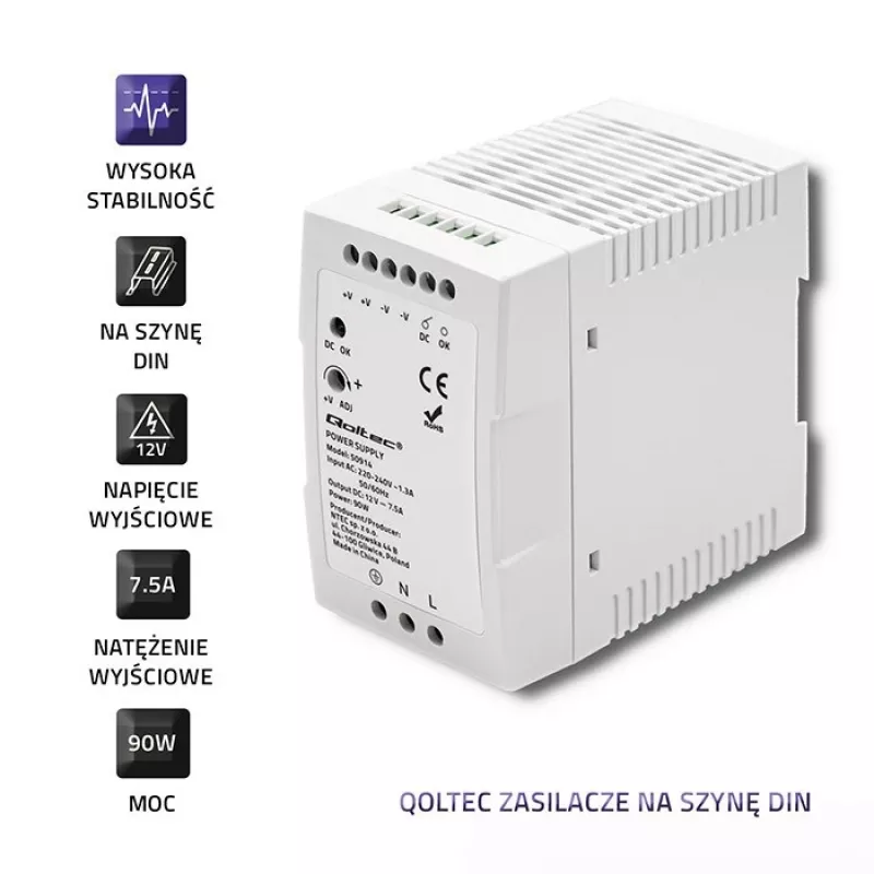 Qoltec 50914 DIN sliedes barošanas bloks | 90W | 12V | 7.5A | Balts | Plāns