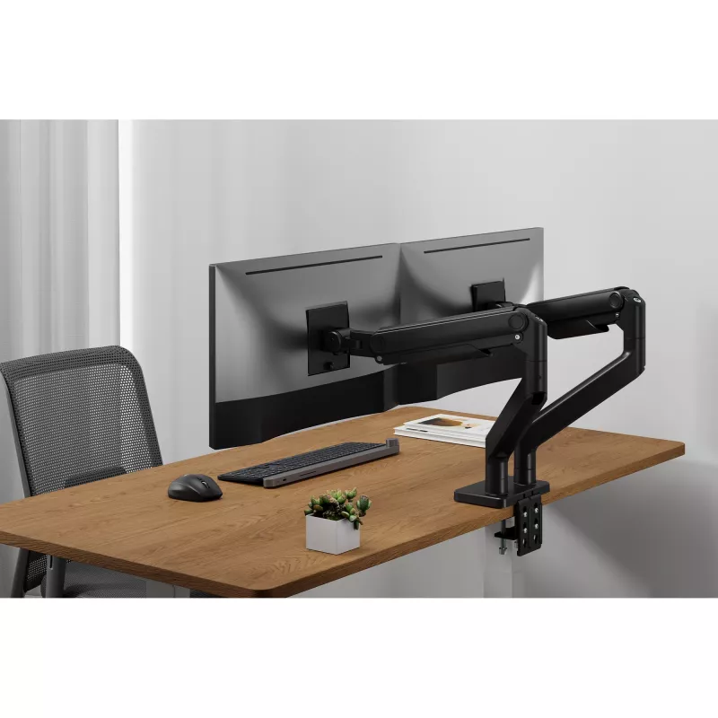 Monitoru stiprinājums DIGITUS dubultais monitoru stiprinājums 2×45 collu ekrāniem, skava, 2×20 kg, VESA 75×75–100×100, slīpums -20–50°