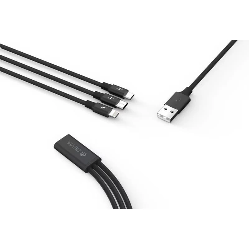 USB 3-in-1 uzlādes/datu kabelis Devia Kintone Series — Lightning, Micro-USB, USB-C, 1,2 m, melns