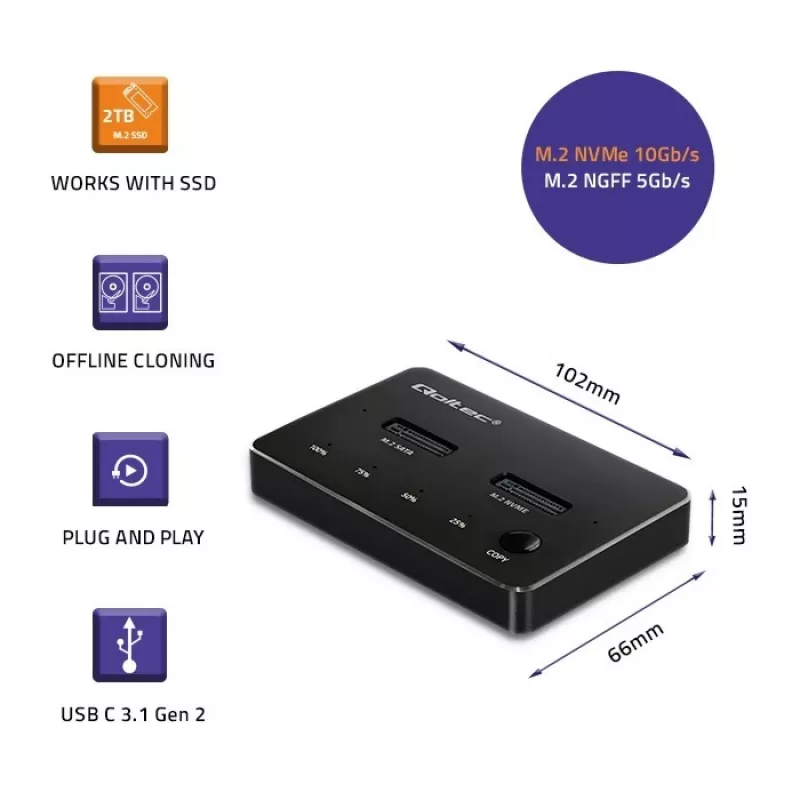Qoltec 52274 M.2 SSD diskdziņu dokstacija | NVMe | SATA | USB-C | DUAL 2 x 2TB