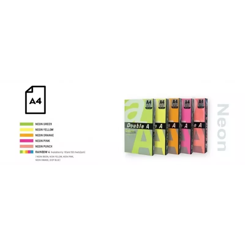 Color Neon papīrs Double A, 75g, A4, 100 loksnes, Rainbow 4, 5 neona krāsas