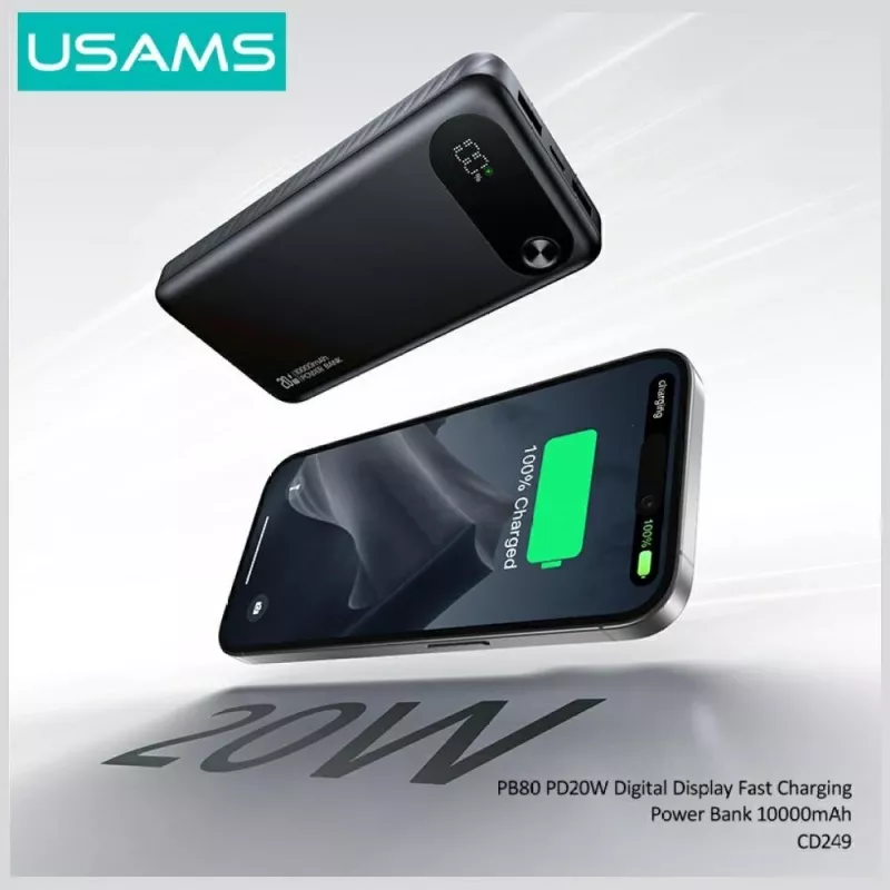 Ārējais akumulators usams PB80 PD20W 10000mAh — pārnēsājams lādētājs, melns