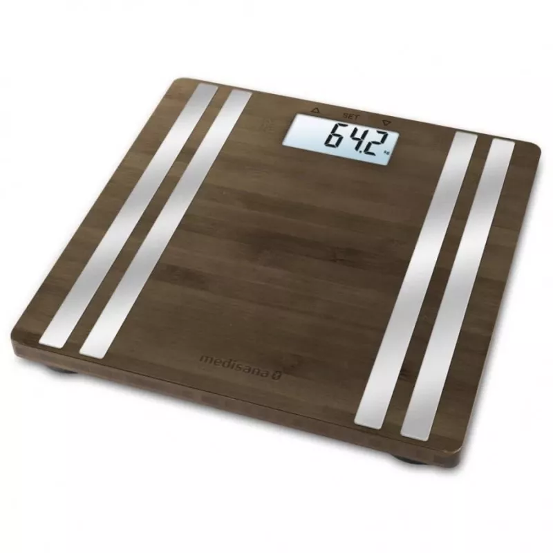 Elektroniskie personīgie svari Medisana BS 552 — sudraba krāsā ar bambusa virsmu, maks. 180 kg, 100 g precizitāte, Bluetooth, ĶMI, ķermeņa sastāvs