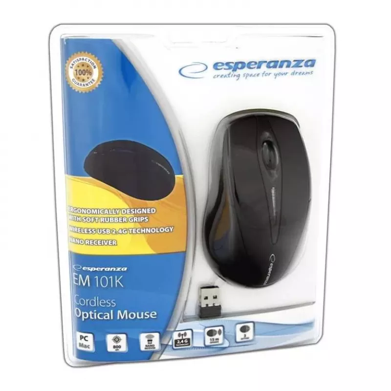 Vadu? Nē — Bezvadu RF pele ESPERANZA EM101K, piemērota abām rokām, 1000 DPI, 2,4 GHz nano USB uztvērējs, melna