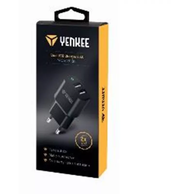 Lādētājs YENKEE YAC 2024BK – sienas lādētājs, 2× USB-A pieslēgvietas, kopējā jauda 12 W (2,4 A vienai pieslēgvietai)