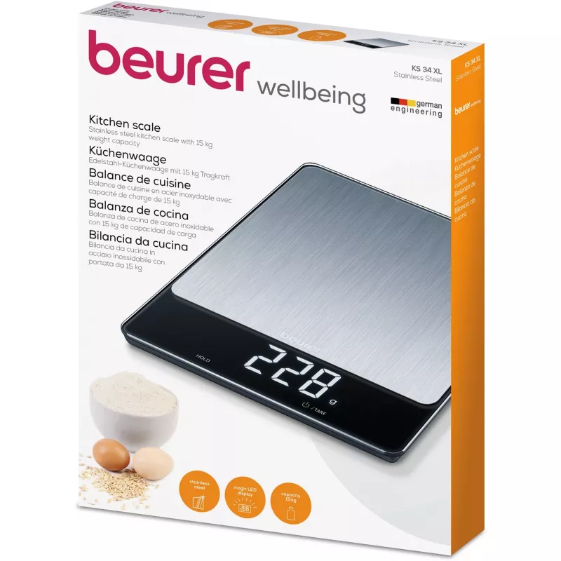 Virtuves svari Beurer KS 34 XL nerūsējošais tērauds, ietilpība 5 kg, precizitāte 1 g