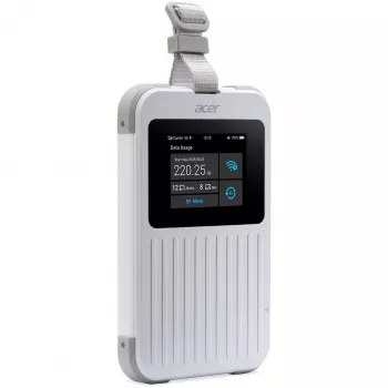 Portatīvais maršrutētājs Acer Connect M6E ar 20 GB, divjoslu (2,4 GHz + 5 GHz vai 2,4 GHz + 6 GHz), Wi‑Fi 6E, 5G, IP68, 2x2 iekšējās antenas, 4 GB operatīvā atmiņa, 2,5 GHz centrālais procesors