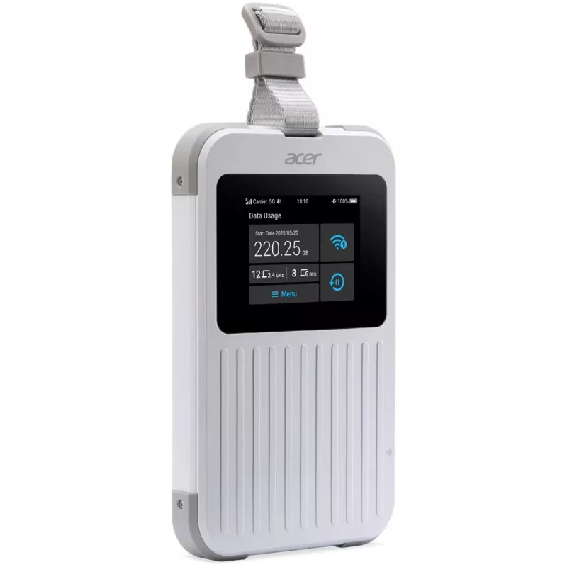 Portatīvais maršrutētājs Acer Connect M6E ar 20 GB, divjoslu (2,4 GHz + 5 GHz vai 2,4 GHz + 6 GHz), Wi‑Fi 6E, 5G, IP68, 2x2 iekšējās antenas, 4 GB operatīvā atmiņa, 2,5 GHz centrālais procesors